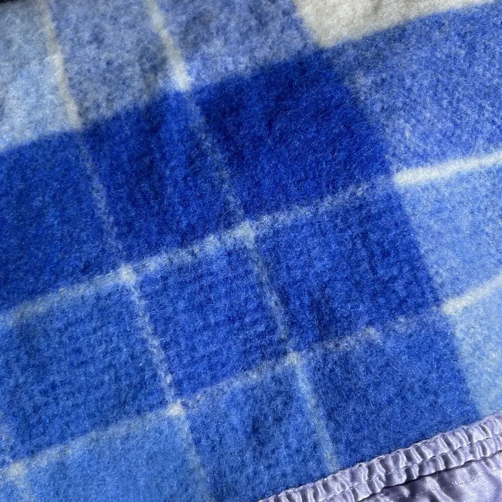 Vintage blue plaid 100% wool blanket satin purple trim, cottage core, classic